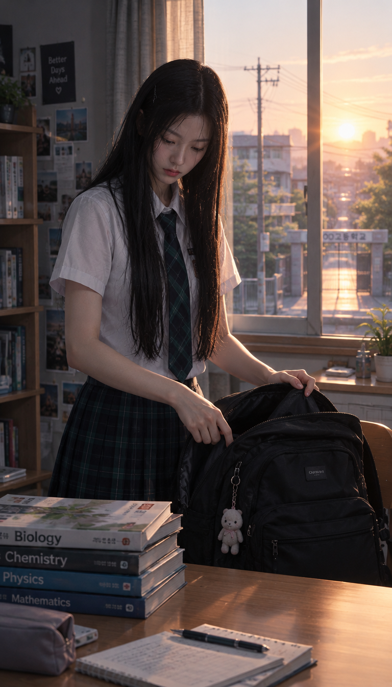 At sunrise, Yoo Jae-yi packs her books, leaves for school, and walks forward through warm light with a confident posture.