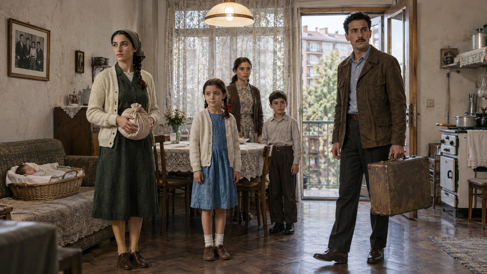 In 1956, the family moves to Belgrade. Ruža, Đorđe, their children, and infant Aleksandar enter a new apartment and a new routine, while a small Dalmatian object keeps their old home present.