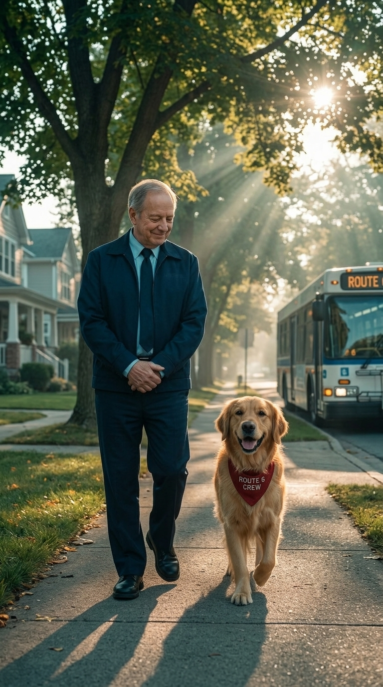 Biscuit walks proudly beside Frank, heading towards the bus, no longer alone.