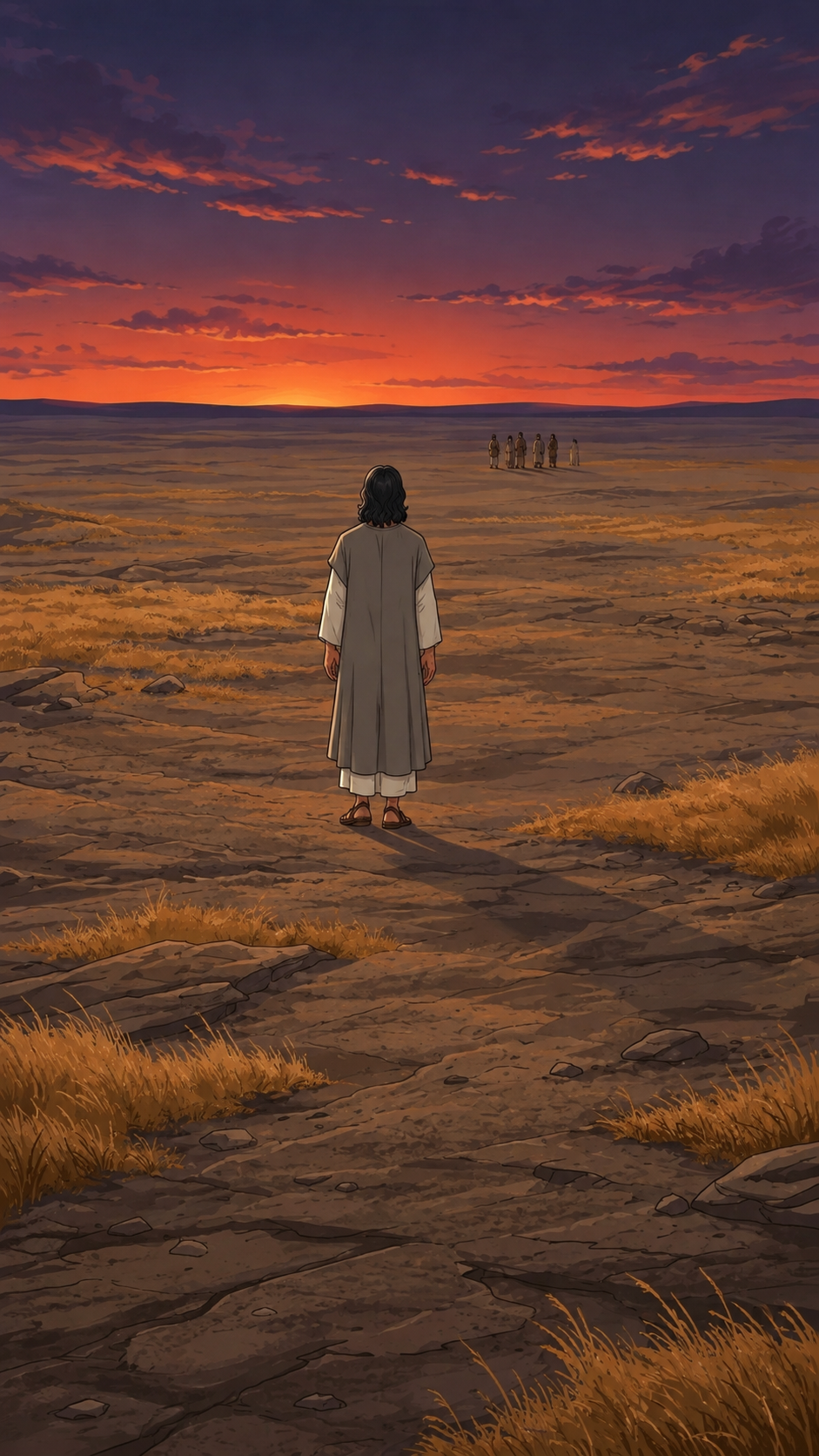 Un homme juif galiléen du premier siècle marche seul, vu uniquement de dos, vers un horizon lointain.
